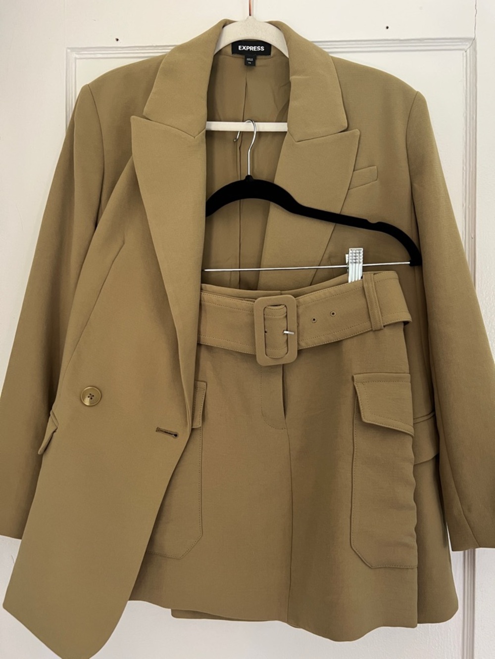 Express Oversized Double-Breasted Blazer Skirt Set - Olive Green